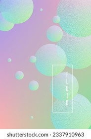 Holographic fluid with radial circles and halftone dots texture. Geometric shapes on gradient background. Modern template for poster, cover, banner, brochure. Minimal holographic fluid in neon colors