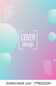 Holographic fluid with radial circles and halftone dots texture. Geometric shapes on gradient background. Modern template for poster, cover, banner, brochure. Minimal holographic fluid in neon colors