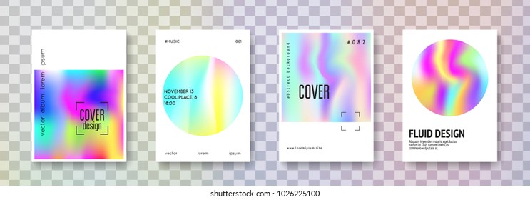 Holographic fluid set. Abstract backgrounds. Futuristic  holographic fluid with gradient mesh. 90s, 80s retro style. Iridescent graphic template for brochure, banner, wallpaper, mobile screen.