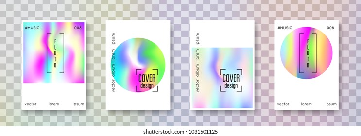 Holographic fluid set. Abstract backgrounds. Futuristic  holographic fluid with gradient mesh. 90s, 80s retro style. Iridescent graphic template for brochure, banner, wallpaper, mobile screen.