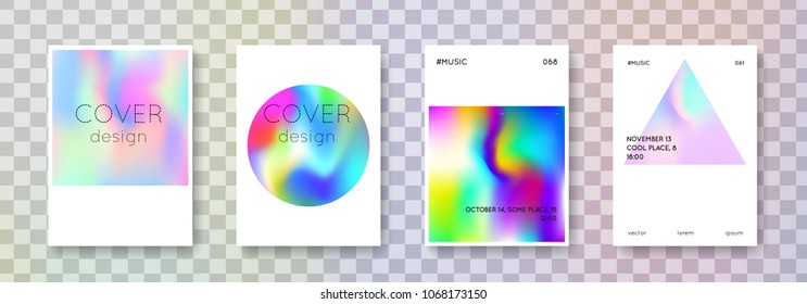 Holographic fluid set. Abstract backgrounds. Vibrant holographic fluid with gradient mesh. 90s, 80s retro style. Iridescent graphic template for brochure, banner, wallpaper, mobile screen