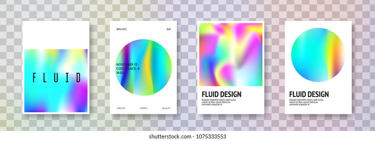 Holographic fluid set. Abstract backgrounds. Memphis holographic fluid with gradient mesh. 90s, 80s retro style. Iridescent graphic template for placard, presentation, banner, brochure.
