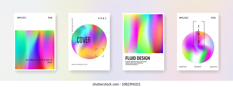 Holographic fluid set. Abstract backgrounds. Futuristic holographic fluid with gradient mesh. 90s, 80s retro style. Iridescent graphic template for book, annual, mobile interface, web app.
