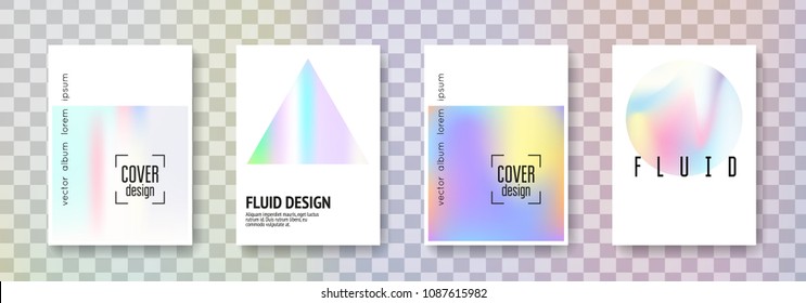 Holographic fluid set. Abstract backgrounds. Hipster holographic fluid with gradient mesh. 90s, 80s retro style. Pearlescent graphic template for brochure, banner, wallpaper, mobile screen