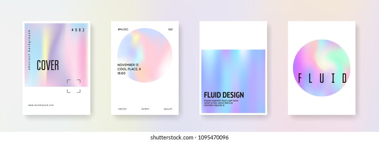 Holographic fluid set. Abstract backgrounds. Liquid holographic fluid with gradient mesh. 90s, 80s retro style. Iridescent graphic template for brochure, banner, wallpaper, mobile screen