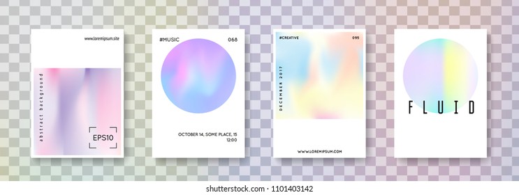 Holographic fluid set. Abstract backgrounds. Colorful holographic fluid with gradient mesh. 90s, 80s retro style. Pearlescent graphic template for book, annual, mobile interface, web app.