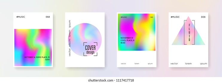 Holographic fluid set. Abstract backgrounds. Memphis holographic fluid with gradient mesh. 90s, 80s retro style. Iridescent graphic template for book, annual, mobile interface, web app.
