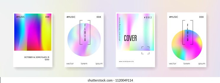 Holographic fluid set. Abstract backgrounds. Multicolor holographic fluid with gradient mesh. 90s, 80s retro style. Pearlescent graphic template for placard, presentation, banner, brochure.