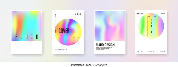 Holographic fluid set. Abstract backgrounds. Futuristic holographic fluid with gradient mesh. 90s, 80s retro style. Iridescent graphic template for book, annual, mobile interface, web app.
