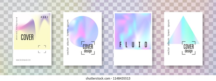 Holographic fluid set. Abstract backgrounds. Vintage holographic fluid with gradient mesh. 90s, 80s retro style. Pearlescent graphic template for placard, presentation, banner, brochure.