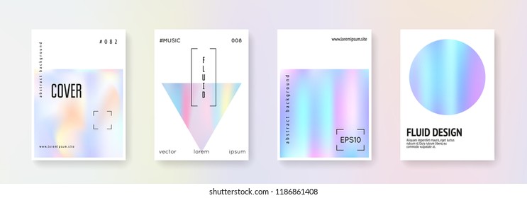 Holographic fluid set. Abstract backgrounds. Multicolor holographic fluid with gradient mesh. 90s, 80s retro style. Pearlescent graphic template for brochure, banner, wallpaper, mobile screen