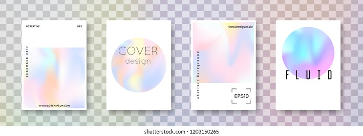 Holographic fluid set. Abstract backgrounds. Futuristic holographic fluid with gradient mesh. 90s, 80s retro style. Pearlescent graphic template for brochure, banner, wallpaper, mobile screen