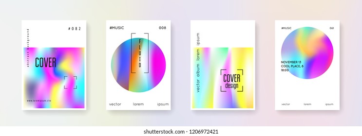 Holographic fluid set. Abstract backgrounds. Hipster holographic fluid with gradient mesh. 90s, 80s retro style. Pearlescent graphic template for brochure, banner, wallpaper, mobile screen