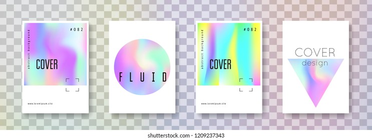 Holographic fluid set. Abstract backgrounds. Memphis holographic fluid with gradient mesh. 90s, 80s retro style. Iridescent graphic template for placard, presentation, banner, brochure.