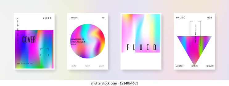Holographic fluid set. Abstract backgrounds. Plastic holographic fluid with gradient mesh. 90s, 80s retro style. Pearlescent graphic template for book, annual, mobile interface, web app.