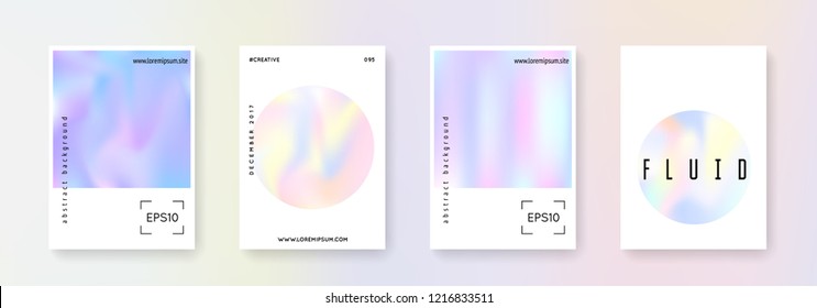 Holographic fluid set. Abstract backgrounds. Multicolor holographic fluid with gradient mesh. 90s, 80s retro style. Pearlescent graphic template for brochure, banner, wallpaper, mobile screen
