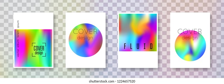 Holographic fluid set. Abstract backgrounds. Bright holographic fluid with gradient mesh. 90s, 80s retro style. Pearlescent graphic template for brochure, banner, wallpaper, mobile screen