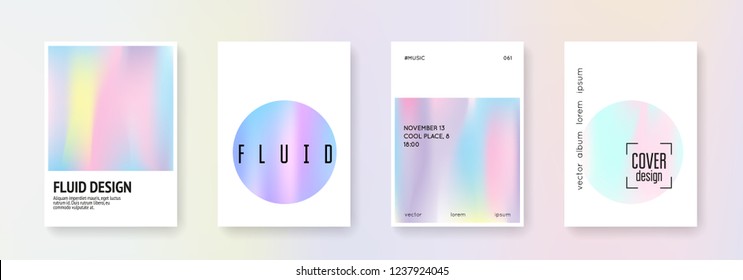 Holographic fluid set. Abstract backgrounds. Colorful holographic fluid with gradient mesh. 90s, 80s retro style. Iridescent graphic template for placard, presentation, banner, brochure.