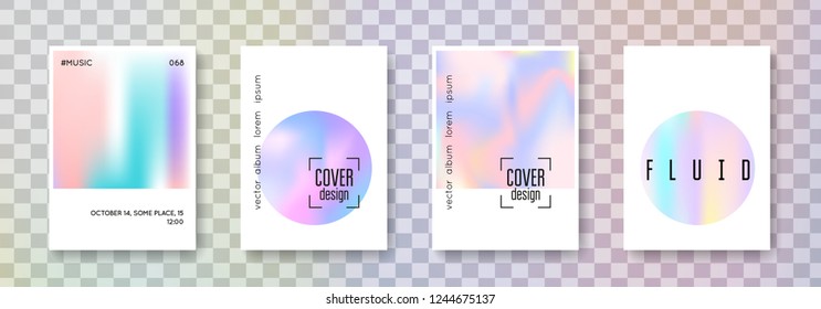 Holographic fluid set. Abstract backgrounds. Futuristic holographic fluid with gradient mesh. 90s, 80s retro style. Iridescent graphic template for book, annual, mobile interface, web app.