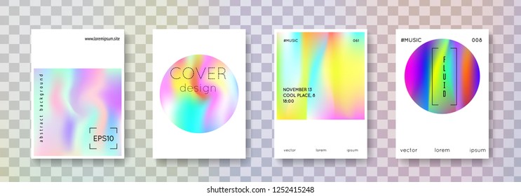 Holographic fluid set. Abstract backgrounds. Vintage holographic fluid with gradient mesh. 90s, 80s retro style. Pearlescent graphic template for brochure, banner, wallpaper, mobile screen