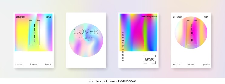 Holographic fluid set. Abstract backgrounds. Neon holographic fluid with gradient mesh. 90s, 80s retro style. Pearlescent graphic template for placard, presentation, banner, brochure.