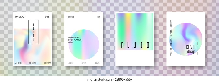Holographic fluid set. Abstract backgrounds. Bright holographic fluid with gradient mesh. 90s, 80s retro style. Pearlescent graphic template for brochure, banner, wallpaper, mobile screen