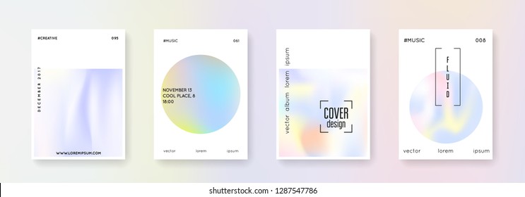 Holographic fluid set. Abstract backgrounds. Colorful holographic fluid with gradient mesh. 90s, 80s retro style. Iridescent graphic template for placard, presentation, banner, brochure.