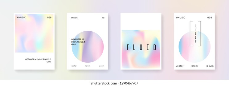 Holographic fluid set. Abstract backgrounds. Stylish holographic fluid with gradient mesh. 90s, 80s retro style. Pearlescent graphic template for book, annual, mobile interface, web app.