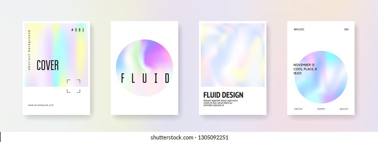 Holographic fluid set. Abstract backgrounds. Retro holographic fluid with gradient mesh. 90s, 80s retro style. Iridescent graphic template for placard, presentation, banner, brochure.