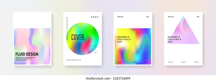 Holographic fluid set. Abstract backgrounds. Bright holographic fluid with gradient mesh. 90s, 80s retro style. Pearlescent graphic template for brochure, banner, wallpaper, mobile screen