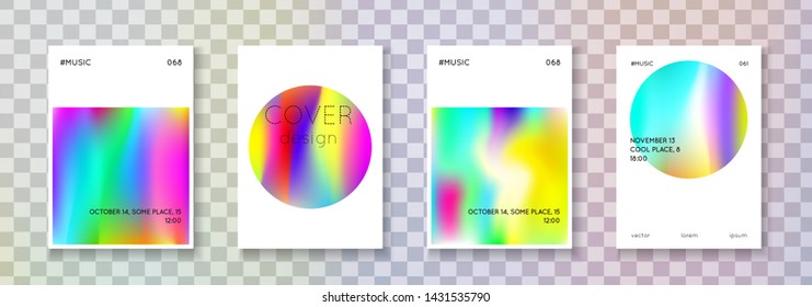 Holographic fluid set. Abstract backgrounds. Bright holographic fluid with gradient mesh. 90s, 80s retro style. Pearlescent graphic template for placard, presentation, banner, brochure.