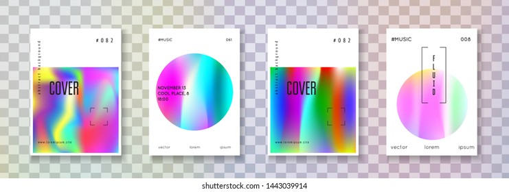 Holographic fluid set. Abstract backgrounds. Multicolor holographic fluid with gradient mesh. 90s, 80s retro style. Iridescent graphic template for book, annual, mobile interface, web app.