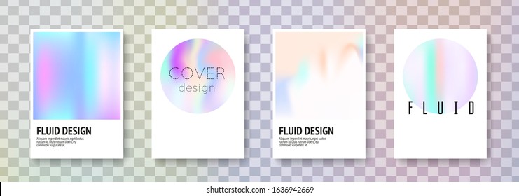 Holographic fluid set. Abstract backgrounds. Trendy holographic fluid with gradient mesh. 90s, 80s retro style. Pearlescent graphic template for book, annual, mobile interface, web app.