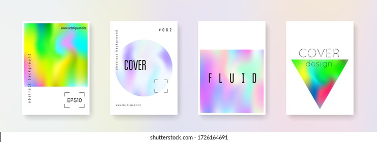 Holographic fluid set. Abstract backgrounds. Trendy holographic fluid with gradient mesh. 90s, 80s retro style. Iridescent graphic template for brochure, banner, wallpaper, mobile screen