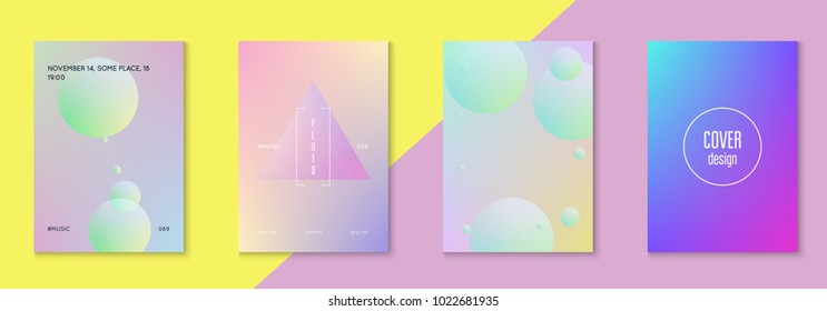 Holographic fluid set with circles. Geometric shapes on gradient background. Modern hipster template for placard, presentation, banner, flyer, brochure. Minimal holographic fluid in neon colors.