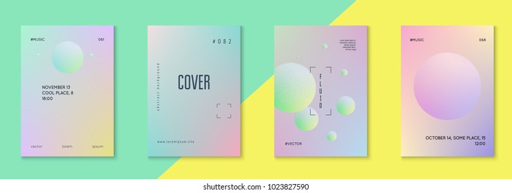Holographic fluid set with circles. Geometric shapes on gradient background. Modern hipster template for placard, presentation, banner, flyer, brochure. Minimal holographic fluid in neon colors.