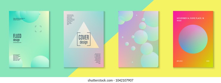 Holographic fluid set with circles. Geometric shapes on gradient background. Modern hipster template for placard, presentation, banner, flyer, brochure. Minimal holographic fluid in neon colors.