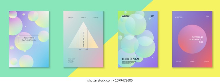Holographic fluid set with circles. Geometric shapes on gradient background. Modern hipster template for placard, cover, banner, flyer, presentation, annual. Minimal holographic fluid in neon colors.