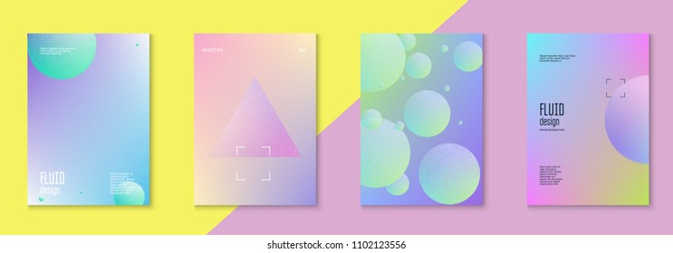 Holographic fluid set with circles. Geometric shapes on gradient background. Modern hipster template for placard, cover, banner, flyer, presentation, annual. Minimal holographic fluid in neon colors.