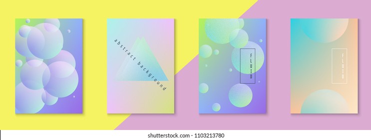 Holographic fluid set with circles. Geometric shapes on gradient background. Modern hipster template for placard, presentation, banner, flyer, brochure. Minimal holographic fluid in neon colors.