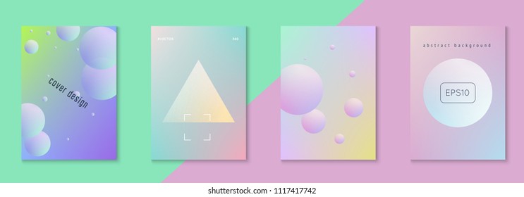 Holographic fluid set with circles. Geometric shapes on gradient background. Modern hipster template for placards, banners, flyers, report, brochure. Minimal holographic fluid in neon colors.