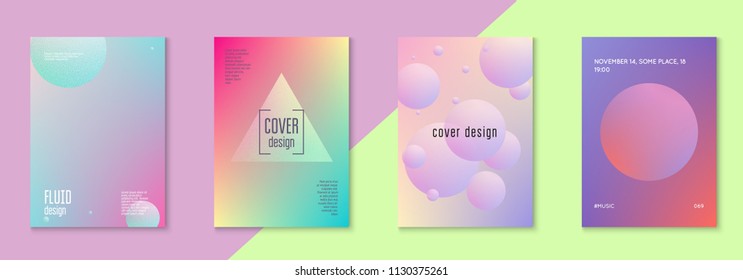Holographic fluid set with circles. Geometric shapes on gradient background. Trendy hipster template for poster, covers, banners, flyers, report, brochure. Minimal holographic fluid in neon colors.