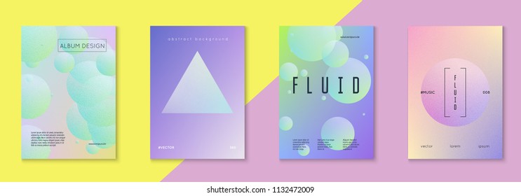 Holographic fluid set with circles. Geometric shapes on gradient background. Modern hipster template for placards, banners, flyers, report, brochure. Minimal holographic fluid in neon colors.