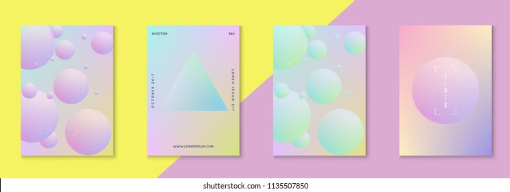 Holographic fluid set with circles. Geometric shapes on gradient background. Trendy hipster template for poster, covers, banners, flyers, report, brochure. Minimal holographic fluid in neon colors.