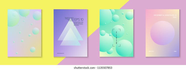 Holographic fluid set with circles. Geometric shapes on gradient background. Modern hipster template for placard, cover, banner, flyer, presentation, annual. Minimal holographic fluid in neon colors.