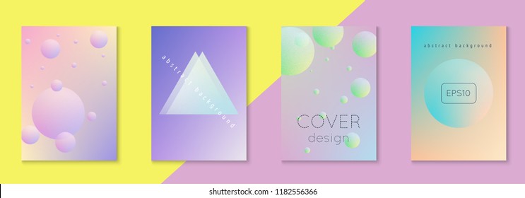 Holographic fluid set with circles. Geometric shapes on gradient background. Modern hipster template for placard, cover, banner, flyer, presentation, annual. Minimal holographic fluid in neon colors.