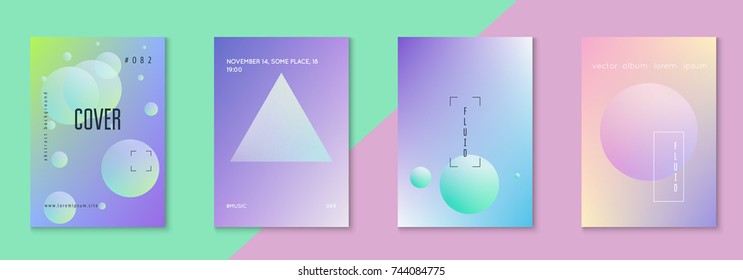 Holographic fluid set with circles. Geometric shapes on gradient background. Trendy hipster template for placard, presentation, banner, flyer, brochure. Minimal holographic fluid in neon colors.