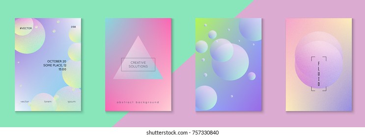 Holographic fluid set with circles. Geometric shapes on gradient background. Trendy hipster template for placard, presentation, banner, flyer, brochure. Minimal holographic fluid in neon colors.