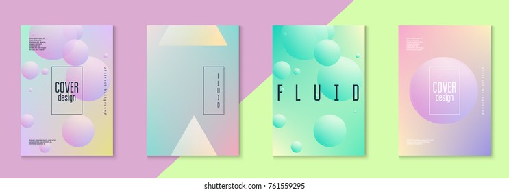 Holographic fluid set with circles. Geometric shapes on gradient background. Modern hipster template for placard, cover, banner, flyer, presentation, annual. Minimal holographic fluid in neon colors.