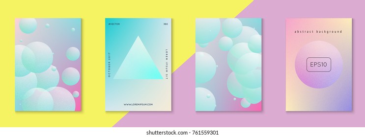 Holographic fluid set with circles. Geometric shapes on gradient background. Trendy hipster template for placard, presentation, banner, flyer, brochure. Minimal holographic fluid in neon colors.